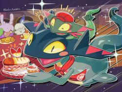  blush_stickers character-themed_food commentary_request drakloak dreepy eevee food goomy happy highres litwick looking_at_viewer no_humans open_mouth pokemon pokemon_(creature) pokemon_cafe_remix runachikku sandwich scorbunny sparkle submarine_sandwich yellow_eyes 