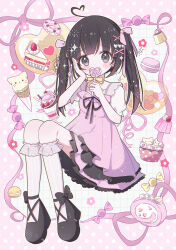  1girl absurdres ahoge aobahosino black_eyes black_hair black_shoes blunt_bangs blush border bow cake cake_slice candy commentary_request cup cupcake dot_nose doughnut dress drinking_glass food frilled_dress frills full_body grid_background hair_bow hair_ornament hand_on_own_cheek hand_on_own_face heart heart-shaped_food heart-shaped_lollipop heart_ahoge heart_hair_ornament highres holding holding_candy holding_food holding_lollipop ice_cream kneehighs lollipop long_hair looking_at_viewer macaron original outside_border parfait parfait_glass pink_border pink_bow pink_dress polka_dot_border pudding shaped_lollipop shoes short_sleeves sidelocks socks solo sparkle twintails white_background white_socks wrapped_candy x_hair_ornament yellow_bow 