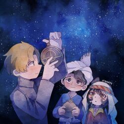  1girl 2boys artist_name astrolabe blonde_hair blue_eyes blue_jacket blue_shirt chi.:_chikyuu_no_undou_ni_tsuite collared_dress commentary crossover dress high_collar highres hijab holding_tool iranian_clothes jacket jewelry muhammad_(tenmaku_no_jaadugar) multiple_boys necklace night outdoors rafal_(chi.) red_dress shirt sitara sky star_(sky) starry_sky teardrop_necklace tenmaku_no_jaadugar turban untranslatable_commentary utsuyeet white_hijab white_turban 