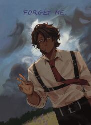  1boy absurdres belt black_belt black_pants brown_hair chest_harness clouds cloudy_sky collared_shirt commentary cowboy_shot curtained_hair dark-skinned_male dark_skin dutch_angle english_text hand_up harness heathcliff_(project_moon) highres jewelry lattescribbles limbus_company long_sleeves looking_at_viewer male_focus necktie overcast pants parted_lips project_moon red_necktie ring scar scar_on_face shirt shirt_tucked_in short_hair sky solo v violet_eyes white_shirt 