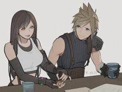  1boy 1girl armor bare_shoulders black_gloves black_hair black_sports_bra blonde_hair blue_eyes blue_sweater bracelet breasts closed_mouth cloud_strife commentary_request crescent crescent_earrings crop_top cup earrings elbow_gloves final_fantasy final_fantasy_vii final_fantasy_vii_remake fingerless_gloves gloves gold_earrings grey_background holding holding_cup holding_earrings holding_jewelry jewelry large_breasts long_hair looking_at_another materia open_mouth paper red_eyes ribbed_sweater shillo short_hair shoulder_armor single_bare_shoulder sleeveless sleeveless_turtleneck smile spiky_hair sports_bra suspenders sweater table tank_top tifa_lockhart turtleneck turtleneck_sweater twitter_username upper_body white_tank_top 