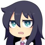  1girl black_hair blue_eyes bright_pupils collared_shirt commentary_request hair_between_eyes hospital_king kuroki_tomoko long_bangs long_hair looking_at_viewer necktie open_mouth portrait purple_necktie shirt simple_background solo watashi_ga_motenai_no_wa_dou_kangaetemo_omaera_ga_warui! white_background white_pupils white_shirt 