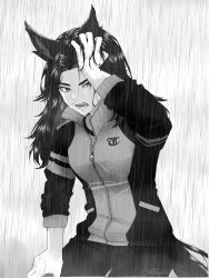 1girl alkali_umapyoi animal_ears commentary_request corrupted_twitter_file curtained_hair dot_nose fangs fenomeno_(umamusume) glaring half-closed_eye hand_in_own_hair hand_on_own_leg high_collar highres horse_ears horse_girl horse_tail jacket leaning_forward long_hair looking_at_viewer open_mouth pants rain shirt signature simple_background sleeves_rolled_up spot_color tail teeth tongue tracen_training_uniform track_suit umamusume v-shaped_eyebrows veins violet_eyes wet white_background 