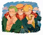  3boys ^_^ arm_around_neck black_hair black_jacket blonde_hair blue_sky blush cigarette clenched_teeth closed_eyes clouds collared_shirt commentary_request curly_eyebrows earrings facial_hair goatee green_hair green_kimono grin hair_over_one_eye hat highres jacket japanese_clothes jewelry kimono lapels long_sleeves looking_at_viewer male_focus monkey_d._luffy multiple_boys necktie one_eye_covered one_piece open_clothes open_kimono open_shirt parted_bangs pectorals qwwwwww48423 red_shirt roronoa_zoro sanji_(one_piece) scar scar_across_eye scar_on_cheek scar_on_chest scar_on_face shirt short_hair sky smile smoke straw_hat teeth upper_body v-shaped_eyebrows white_background wing_collar yellow_necktie yellow_shirt 