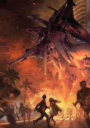  1other blonde_hair business_suit everyone explosion fire flying full_body gigi_andalusia gun gundam gundam:_hathaway's_flash hathaway_noa highres holding holding_gun holding_weapon looking_back mecha mobile_suit multiple_boys multiple_girls official_art pablo_uchida penelope_(hathaway's_flash) robot running science_fiction suit war weapon 