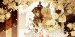  2boys animal backlighting black_hair black_hanfu black_robe black_streaks brothers calico_(pattern) calico_cat cat chinese_clothes chinese_commentary closed_mouth commentary_request cowboy_shot curtained_hair falling_petals fingerless_gloves floating_neckwear flower gate gloves gold_necklace hair_between_eyes hanfu highres holding holding_animal holding_cat holding_scroll huai_bao_li_(the_tale_of_food) jewelry long_hair long_sleeves looking_at_viewer male_focus multicolored_hair multiple_boys necklace petals procreate_(medium) robe scroll shuling siblings smile streaked_hair the_tale_of_food tree twins very_long_hair watermark weibo_watermark white_flower white_hair white_hanfu white_robe white_streaks xiao_guan_(headdress) yellow_eyes 
