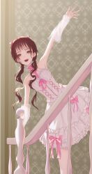  1girl absurdres arm_up bare_shoulders bow brown_eyes brown_hair choker detached_sleeves dress dress_bow earrings flat_chest frilled_choker frilled_dress frills highres jewelry lolita_fashion long_hair looking_at_viewer low_twintails original railing see-through_clothes see-through_sleeves smile solo sorala_(artist) stairs stud_earrings twintails waving white_dress 