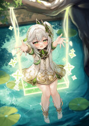  1girl absurdres arms_up blush bracelet commentary day dress flan_ling genshin_impact gold_trim gradient_hair green_eyes green_hair hair_between_eyes hair_ornament highres jewelry leaf_hair_ornament lily_pad looking_at_viewer multicolored_hair nahida_(genshin_impact) on_swing open_mouth outdoors outstretched_arms ripples side_ponytail sitting soaking_feet solo star-shaped_pupils star_(symbol) stirrup_legwear swing symbol-shaped_pupils toeless_legwear toes water white_dress white_hair 