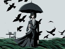  1girl bird black_bird black_hair black_jacket black_skirt black_umbrella bob_cut chair closed_mouth commentary crow flock gghost0627 grass grey_background highres holding holding_umbrella jacket long_skirt long_sleeves looking_at_viewer original outdoors pleated_skirt radio shirt short_hair signature simple_background skirt solo standing umbrella white_shirt 