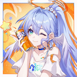  1girl absurdres angel angel_wings blue_choker blue_eyes blue_hair braid can choker collarbone earrings fanta feathered_wings green_eyes hair_between_eyes halo head_wings highres holding holding_can honkai:_star_rail honkai_(series) jewelry jigboom long_hair looking_at_viewer multicolored_eyes multicolored_hair off-shoulder_shirt off_shoulder one_eye_closed orange_hair pearl_hair_ornament ponytail purple_hair robin_(fanta)_(honkai:_star_rail) shirt short_sleeves single_braid smile solo star_(symbol) streaked_hair upper_body white_shirt white_wings wings 