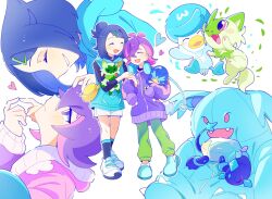  2girls blue_hair closed_eyes commentary dot_(pokemon) english_commentary full_body hair_ornament hair_over_one_eye hairclip headphones heart highres jacket light_blush liko_(pokemon) locked_arms looking_at_another medium_hair multiple_girls multiple_views ni12345670 nidothing open_mouth pants pokemon pokemon_(anime) pokemon_(creature) pokemon_horizons purple_hair quaxly shoes shorts simple_background smile socks sprigatito stuffed_toy terapagos terapagos_(normal) track_jacket violet_eyes white_background yuri 