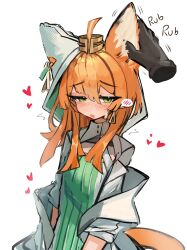  1girl 1other absurdres ahoge animal_ears ar5l0v1g arknights blush cat_ears cat_girl coat disembodied_hand dress fox_ears fox_girl green_dress green_eyes hair_between_eyes hand_on_another's_ear heart highres hood jacket long_hair looking_at_viewer open_clothes open_mouth orange_hair papyrus_(arknights) simple_background solo_focus spoken_blush tail white_background white_coat white_jacket 