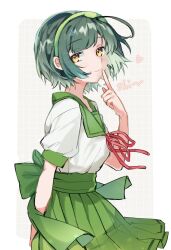  1girl blunt_bangs blush border closed_mouth commentary_request cowboy_shot green_hair green_hairband green_sailor_collar green_skirt grey_background grid_background hairband hand_up heart highres index_finger_raised koniko_(ko25n) looking_at_viewer neck_ribbon outside_border pleated_skirt red_ribbon ribbon sailor_collar school_uniform serafuku shirt short_hair short_sleeves skirt smile solo touhoku_zunko voiceroid white_border white_shirt yellow_eyes 