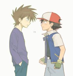  2boys ash_ketchum baseball_cap black_hair blue_jacket brown_eyes brown_hair eye_contact fingerless_gloves frown gary_oak gloves green_gloves hand_in_pocket hat highres jacket jewelry jungeol_(p_oxo7) looking_at_another male_focus multiple_boys necklace pokemon pokemon_(anime) pokemon_(classic_anime) rivalry serious short-sleeved_jacket short_sleeves 