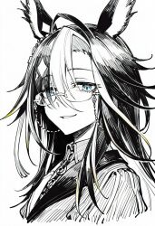  1girl ahoge animal_ears blue_eyes collared_shirt commentary dream_journey_(reminder_of_dreamland)_(umamusume) dream_journey_(umamusume) eyewear_strap glasses hair_between_eyes hair_ornament highres horse_ears horse_girl jacket kisaragi_shokuin long_hair looking_at_viewer multicolored_hair partially_colored portrait puff_and_slash_sleeves puffy_sleeves shirt simple_background smile solo streaked_hair tassel tassel_hair_ornament teeth umamusume white_background 