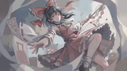  1girl ascot bare_shoulders black_hair black_shoes blue_sky bow breasts brown_eyes closed_mouth collared_shirt day detached_sleeves fingernails floating_clothes floating_hair flying frills gohei hair_between_eyes hair_bow hair_ornament hair_tubes hakurei_reimu hands_up highres holding holding_gohei large_bow long_skirt long_sleeves looking_at_viewer medium_breasts nail_polish nontraditional_miko ofuda outdoors pink_nails red_bow red_shirt red_skirt ribbon-trimmed_skirt ribbon-trimmed_sleeves ribbon_trim shirt shoes short_hair sidelocks skirt skirt_set sky sleeveless sleeveless_shirt smile socks solo touhou user_ardu5834 white_sleeves white_socks wide_sleeves yellow_ascot 