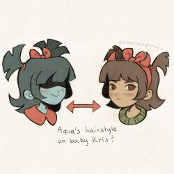  1girl 1other aged_down aqua_(deltarune) aqua_skin blue_skin blunt_bangs brown_hair child colored_skin commentary deltarune english_commentary hair_over_eyes headband highres humanized_skin_color kris_(deltarune) red_eyes smile szivarvanyturmix02 two_side_up utdr_(toby_fox) 