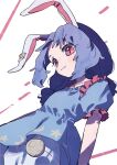  1girl animal_ears blue_dress blue_hair closed_mouth commentary_request cowboy_shot dress earclip frilled_sleeves frills highres long_hair nama_udon puffy_short_sleeves puffy_sleeves rabbit_ears rabbit_girl red_eyes seiran_(touhou) short_sleeves slit_pupils solo touhou 