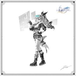  0jae 1girl bandaid bandaid_on_leg belt blowing_bubble_gum border bow chewing_gum commentary_request copyright_logo crop_top cropped_jacket crossed_bangs drill_hair drill_ponytail eyewear_on_head fingerless_gloves fishnet_kneehighs fishnet_socks fishnets fold-over_boots from_side full_body fur-trimmed_jacket fur_trim gloves goggles goggles_on_head grey_border greyscale hair_between_eyes hair_bow hair_ornament hairclip hand_on_own_hip highres holographic_interface holographic_monitor honkai:_star_rail honkai_(series) jacket korean_commentary logo long_hair midriff monochrome parallel_hairclips partially_unzipped short_shorts shorts sidelocks signature silver_wolf_(honkai:_star_rail) simple_background socks solo spot_color standing thigh_strap three-quarter_sleeves white_background 