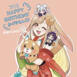  3girls absurdres ahoge animal_ears artist_request brown_eyes cho_kaguya-hime! commentary_request fangs forehead_jewel fox_ears fox_girl fox_tail hair_rings happy_birthday heart highres inudoge kaguya_(cho_kaguya-hime!) kaguya_(tsukuyomi)_(cho_kaguya-hime!) mini_person multiple_girls nail_polish one_eye_closed open_mouth outline pink_hair purple_hair rabbit_ears rabbit_girl red_nails runami_yachiyo runami_yachiyo_(tsukuyomi) sakayori_iroha sakayori_iroha_(tsukuyomi) simple_background tail teeth upper_teeth_only v white_hair white_outline 