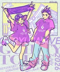  1boy 1girl :/ :d \n/ ace_attorney aircraft antenna_hair apollo_justice apollo_justice:_ace_attorney backwards_hat badge baseball_cap blue_shirt bracelet button_badge casual closed_mouth clothes_writing commentary_request complementary_colors diamond_(shape) diamond_earrings dirigible double_\n/ earrings english_text flagpole full_body halftone hat highres holding holding_unworn_clothes holding_unworn_scarf in-universe_location invisible_floor jewelry leg_up limited_palette logo long_hair looking_at_viewer looking_down one_eye_closed open_mouth pants print_scarf scarf shino_(shino_dgs) shirt shirt_tug shoes short_hair short_sleeves shorts small_sweatdrop smile sneakers socks stadium standing standing_on_one_leg teeth text_background trucy_wright twitter_username unworn_scarf v-shaped_eyebrows very_short_hair wide_sleeves 