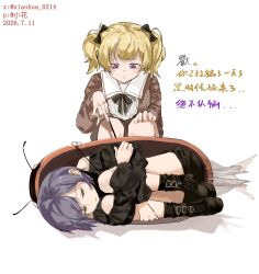  2girls bang_dream! bang_dream!_our_notes black_choker black_dress black_ribbon blonde_hair brown_dress choker commentary_request curled_up dress ewg7k3eutb99502 fetal_position green_eyes grey_hair highres hugging_own_legs long_hair long_sleeves lying medium_hair multiple_girls o-ring o-ring_choker off-shoulder_dress off_shoulder on_side open_mouth ribbon shinomiya_shizuku shirt simple_background two_side_up violet_eyes white_background yakura_yomogi 
