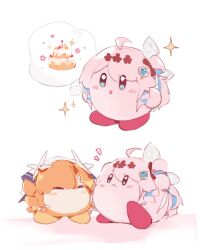  :< ahoge black_bow blue_eyes blue_streaks blush_stickers bow cake closed_eyes coloki commentary copyright_notice cosplay denia_(wuthering_waves) food hair_bow hair_ornament highres kirby kirby_(series) multicolored_hair multiple_views orange_hair pink_hair sigrika_(wuthering_waves) sparkle speech_bubble streaked_hair thought_bubble untranslatable_commentary waddle_dee white_background wuthering_waves 