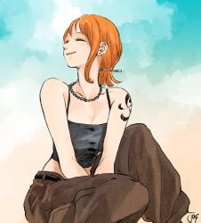  1girl ^_^ arm_tattoo blush brown_pants closed_eyes closed_mouth commentary_request hair_bun highres jas_(jasjasjasart) jewelry nami_(one_piece) necklace one_piece orange_hair outdoors pants ponytail short_ponytail smile solo tattoo 