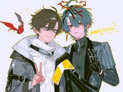  2boys 5wpt_4 arknights arm_belt arm_up bat_(animal) belt belt_buckle black_belt black_gloves black_hair black_shirt blue_eyes buckle camille_(arknights) chest_belt closed_mouth coat commentary_request curtained_hair double-parted_bangs earrings endministrator_(arknights) frown gloves green_eyes grey_coat halo jacket jewelry lapels layered_sleeves long_sleeves male_endministrator_(arknights) male_focus multicolored_hair multiple_boys parted_bangs piercing pinstripe_jacket pinstripe_pattern pointy_ears red_halo shirt short_hair single_earring smile spiked_halo streaked_hair turtleneck upper_body v watermark white_background white_shirt zipper 