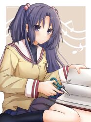  1girl black_skirt blazer blue_hair blush book border brown_background clannad closed_mouth commentary expressionless foot_out_of_frame hair_bobbles hair_ornament highres hikarizaka_private_high_school_uniform holding holding_scissors ichinose_kotomi jacket long_hair miniskirt musical_note open_book outside_border parted_bangs pleated_skirt sailor_collar school_uniform scissors serafuku sheet_music sidelocks simple_background sitting skirt solo two_side_up untranslatable_commentary very_long_hair violet_eyes wariza white_border white_sailor_collar xdjf63qbpt0iqmj yellow_jacket 