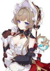  1girl blue_eyes bonnet brown_hair closed_eyes commentary_request detached_sleeves dress genshin_impact gloves highres io_(eo_060503) sandrone_(genshin_impact) white_background white_gloves winding_key 