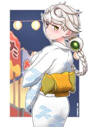  1girl alternate_costume ass asymmetrical_hair braid braided_ponytail breasts commentary_request cypress_(hinokidou) from_behind highres japanese_clothes kantai_collection kimono large_breasts long_hair single_braid smile solo unryuu_(kancolle) very_long_hair wavy_hair white_hair white_kimono yellow_eyes yukata 