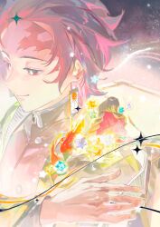  1boy 1girl absurdres black_jacket blonde_hair braid bright_pupils brother_and_sister brown_hair buttons chinese_commentary closed_mouth commentary_request earrings fish goldfish highres jacket jewelry kamado_nezuko kamado_tanjirou kimetsu_no_yaiba long_hair long_sleeves multicolored_hair musical_note red_eyes scar scar_on_face scar_on_forehead short_hair siblings smile speech_bubble spoken_musical_note stellated_octahedron supir white_pupils 