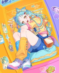  1girl absurdres aikatsu!_(series) aikatsu_academy! arm_warmers asymmetrical_footwear bead_necklace beads blue_bow blue_hair blue_leg_warmers blue_shorts bow bow-shaped_hair buttons fangs full_body green_shoes hadeko hair_bow hair_ornament highres jacket jewelry jiu_(jiwoo_owo9) leg_warmers looking_at_viewer mismatched_footwear multi-tied_hair multicolored_hair necklace open_mouth orange_arm_warmers orange_bow orange_eyes orange_hair orange_leg_warmers overall_shorts overalls pillow pink_shoes pink_trim roller_skates shirt shoes short_bangs short_sleeves shorts sitting sitting_on_pillow skates smile solo star_(symbol) sticker tail tareme two-tone_hair v virtual_youtuber wao_parin white_shirt white_shoes x_hair_ornament yellow_jacket zipper_pull_tab 