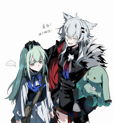  ... 2girls absurdres animal_ears arknights bang_dream! bang_dream!_it's_mygo!!!!! black_gloves black_jacket blue_ribbon blue_shirt chinese_commentary chinese_text commentary_request cowboy_shot dress floppy_ears gloves green_hair grey_hair grin hair_between_eyes hair_ornament hairclip headpat highres holding holding_stuffed_toy jacket lappland_(arknights) lappland_the_decadenza_(arknights) long_hair long_sleeves lop_rabbit_ears multiple_girls ne2op neck_ribbon official_alternate_costume rabbit_ears rabbit_girl ribbon scar scar_across_eye scar_on_face shirt sidelocks simple_background smile spoken_ellipsis standing stuffed_animal stuffed_rabbit stuffed_toy translation_request wakaba_mutsumi wakaba_mutsumi_(cautus) white_background white_dress white_shirt wolf_ears wolf_girl yellow_eyes 