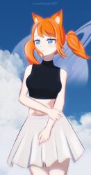  1girl animal_ears blue_eyes blue_sky cat_ears cat_girl clouds highres kotash orange_hair original planet science_fiction short_twintails skirt sky solo twintails white_skirt 