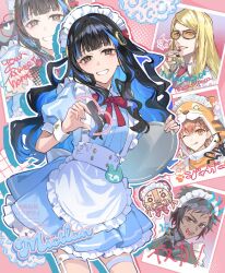  2boys 2girls animal_hood apron black_hair blonde_hair blue_dress blue_hair bow bowtie breasts brown_eyes brown_hair cigarette colored_inner_hair commentary_request dark-skinned_male dark_skin dress eyeliner fate/grand_order fate_(series) frills grey_eyes grin hair_ornament highres hood izcalli_(fate) jaguarman_(fate) long_hair looking_at_viewer maid_headdress makeup multicolored_hair multiple_boys multiple_girls poppoman puffy_short_sleeves puffy_sleeves short_hair short_sleeves sidelocks small_breasts smile sunglasses tenochtitlan_(fate) tenochtitlan_(fgo_fes._2026)_(fate) tezcatlipoca_(fate) tiger_hood tray white_apron wrist_cuffs 