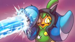  blocking blue_mask breadstickslug bright_pupils commentary english_commentary fangs highres holding holding_mask mask ogerpon ogerpon_(wellspring_mask) open_mouth pokemon pokemon_(creature) pokemon_ability pokemon_focus purple_background simple_background smile solo star-shaped_pupils star_(symbol) symbol-shaped_pupils unworn_mask water water_absorb_(pokemon) white_pupils yellow_eyes 