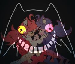  2girls animal_ear_fluff animal_ears black_background black_eyes cat_ears cat_girl colored_sclera commentary_request deltarune dress forehead-to-forehead friend_(deltarune) ghost_pink_(deltarune) gloves green_eyes grin hand_on_another's_face heads_together mad_mew_mew multiple_girls nm4upn pink_dress pink_hair pink_sclera purple_dress purple_hair smile thick_eyebrows utdr_(toby_fox) white_gloves yellow_sclera 