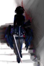  1girl black_dress black_wings commentary dress eyes_in_shadow face_in_shadow full_body highres holding holding_weapon karetokoi looking_at_viewer obscured on_stairs remielle_dan shadow shadowed_torso_walking_down_stairs_(trend) solo stairs standing thaumiel_(zenless_zone_zero) thigh-highs weapon wings zenless_zone_zero 