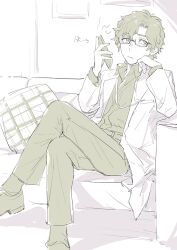  1boy cellphone closed_mouth commentary_request couch crossed_legs dress_shirt glasses hiraga_keisuke holding holding_phone id_card_in_pocket isa_(peien516) jacket lanyard looking_to_the_side male_focus monochrome on_couch pants persona persona_3 phone rectangular_eyewear shirt shirt_tucked_in short_hair sitting smartphone solo 