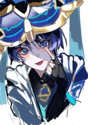  1boy :p akanbe black_bodysuit black_bridal_gauntlets black_hair blue_cape blue_eyes blue_hat blue_jingasa blue_kimono blunt_ends blush bodysuit bridal_gauntlets cape commentary cropped_torso eyelashes eyelid_pull eyeliner finger_to_eye genshin_impact gold hat highres index_finger_raised japanese_clothes jingasa juban kimono looking_at_viewer makeup male_focus mandarin_collar open_clothes open_kimono portrait red_eyeliner rira_archive scaramouche_(genshin_impact) short_sleeves side_cape sketch solo tongue tongue_out tsurime untranslatable_commentary wanderer_(genshin_impact) white_background white_kimono white_sleeves wispy_bangs 