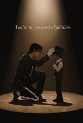  1boy absurdres black_hair child commentary_request dark-skinned_male dark_skin eye_contact full_body gloves hat highres iamspidermam jacket korean_commentary looking_at_another michael_jackson on_one_knee profile real_life short_hair spotlight 
