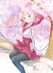  1girl absurdres black_pantyhose blue_archive blue_eyes blush bow braid braided_base branch bright_pupils bun_with_braided_base cherry_blossoms commentary_request dappled_sunlight day eyelashes eyes_visible_through_hair feet_out_of_frame floating_hair hair_bun hair_ornament hakama hakama_short_skirt hakama_skirt halo hand_up highres japanese_clothes kanikama_acedia long_hair long_sleeves looking_at_viewer mimori_(blue_archive) on_branch open_mouth outdoors pantyhose pink_hair pink_halo pleated_skirt red_bow red_hakama red_sailor_collar red_skirt sailor_collar school_uniform serafuku shirt sidelocks single_side_bun skirt smile solo sunlight tassel tassel_hair_ornament tree very_long_hair white_pupils white_shirt wind 