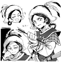  +++ 1boy aoi_23_01 arm_wrap armor arrow_(projectile) black_hair braid braided_hair_rings commentary_request fold-over_collar fur-trimmed_headwear fur_trim hair_rings highres holding holding_arrow lamellar_armor looking_at_viewer male_focus monochrome pauldrons sheath sheathed shoulder_armor tenmaku_no_jaadugar tolui_(tenmaku_no_jaadugar) 