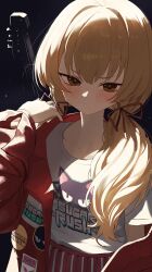  1girl absurdres blonde_hair blue_archive blush chinese_commentary collarbone commentary_request electric_guitar fender_stratocaster guitar hair_ribbon hand_up highres instrument jacket logo_print long_hair looking_at_viewer low_twintails official_alternate_costume open_clothes open_jacket pink_skirt pleated_skirt print_shirt re_naya red_jacket red_ribbon ribbon shirt shirt_tucked_in skirt solo twintails upper_body white_shirt yellow_eyes yoshimi_(band)_(blue_archive) yoshimi_(blue_archive) 