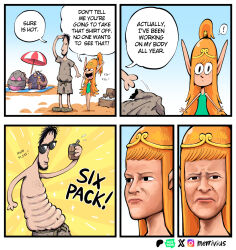  ! 1girl 2boys artist_name beach beach_towel beach_umbrella beard bikini black_hair blunt_bangs body_hair border changing_artstyle chinstrap_beard circlet commentary cooler crate drink dwarf_(merrivius) elf elf_(merrivius) elf_comic emphasis_lines english_commentary english_text facial_hair fake_horns fat_rolls frown furrowed_brow gold_circlet green_one-piece_swimsuit helmet highres holding holding_drink horned_helmet horns human_(merrivius) laughing long_beard long_hair looking_at_another looking_at_viewer lotion merrivius multiple_boys navel one-piece_swimsuit orange_hair outdoors pink_bikini pointy_ears ponytail rock rope_belt sack scowl smile star_(symbol) sunglasses sunscreen surprised swimsuit topless_male towel twitter_x_logo umbrella very_long_beard white_border wide-eyed 