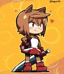  1girl bike_shorts bike_shorts_under_skirt blush boots brown_eyes brown_hair chibi chibi_only closed_mouth commentary double-parted_bangs english_commentary fang fang_out full_body furry furry_female gloves hair_between_eyes hand_on_own_hip heart hepari holding holding_sword holding_weapon kuruna_(pixel_princess_blitz) parody pixel_princess_blitz pleated_skirt red_boots red_skirt shirt short_hair short_sleeves skirt smile solo standing style_parody sword twitter_username weapon white_gloves white_shirt yellow_background 