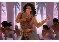  2girls 3boys black_hair closed_mouth commentary dancing dark-skinned_female dark-skinned_male dark_skin highres long_hair long_sleeves michael_jackson mjraeluv multiple_boys multiple_girls palm_tree real_life remember_the_time tree 