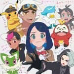  1girl 4boys @_@ amethio_(pokemon) black_gloves black_jacket blue_hair bow bowtie brown_jacket captain_pikachu closed_mouth collared_shirt commentary_request friede_(pokemon) fuecoco gloves goggles goggles_on_head goh_(pokemon) jacket liko_(pokemon) multicolored_hair multiple_boys open_mouth pikachu pokemon pokemon_(anime) pokemon_horizons pokemon_journeys quaxly red_bow red_bowtie rei_hinketsu roy_(pokemon) shirt short_hair smile split_mouth spread_fingers sprigatito starter_pokemon_trio teeth tongue translation_request two-tone_hair upper_teeth_only white_hair white_shirt yellow_eyes 